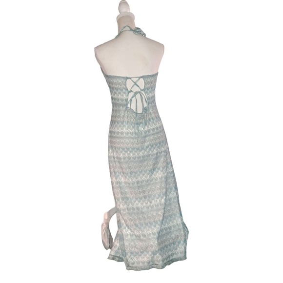 NWT- Sz L Gorgeous Aqua & Silver Knitted Low back Sleeveless Ruched Dress - Picture 13 of 13